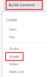 Build Content link is clicked with a window of options. Image is highlighted with a red box.