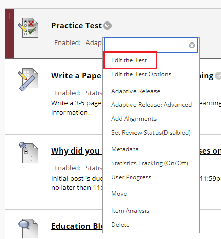 A test is being edited in Blackboard. A pop-up window is visible with Edit the Test highlighted with a red box.