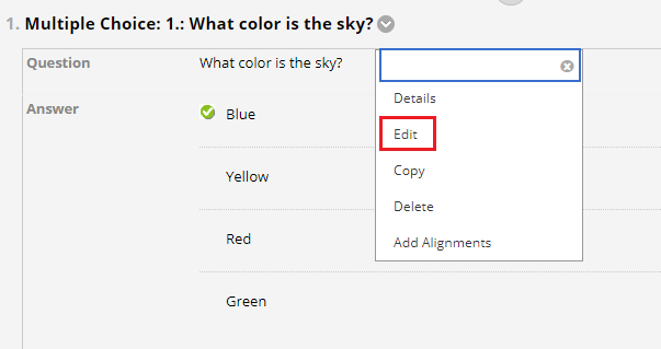 A test question is visible with a pop-up window with the Edit link highlighted with a red box. 