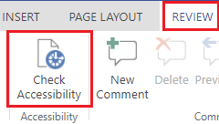 The Review tab is highlighted with a red box. Underneath the Review tab, the Check Accessibility icon is highlighted with a red box. 