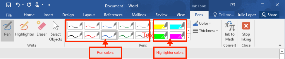 This shows the Ink Tools / Pens tab on the ribbon in Word and highlights the pen and highlighter selections.