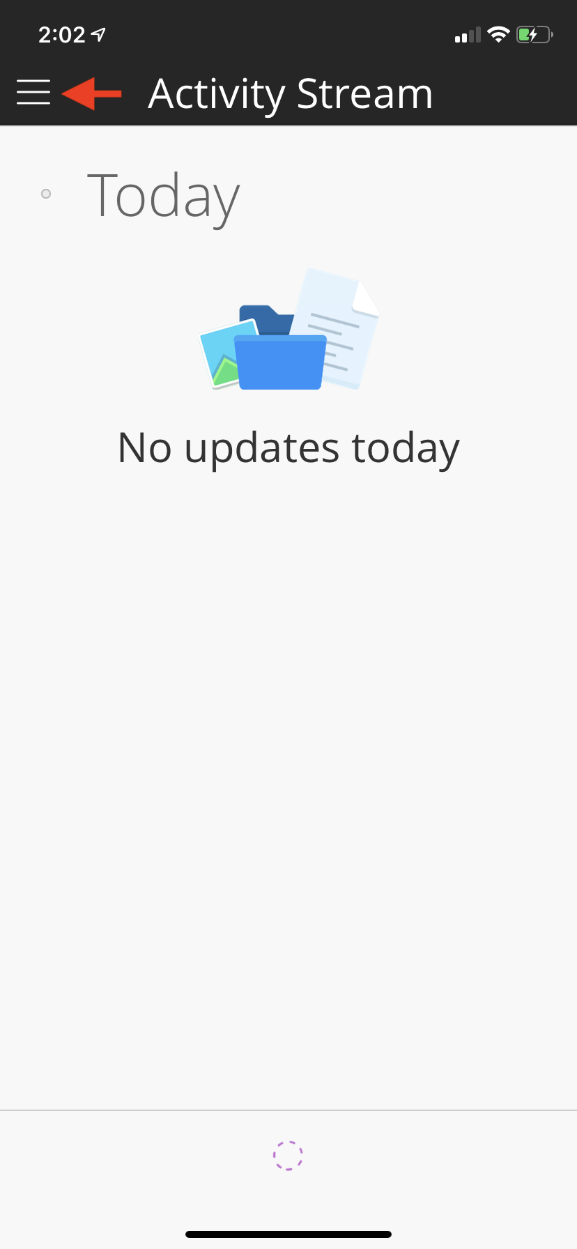 The Activity Stream screen on the Blackboard App. There is an arrow pointing to the 3 lines at the top left of the app that represents the menu.