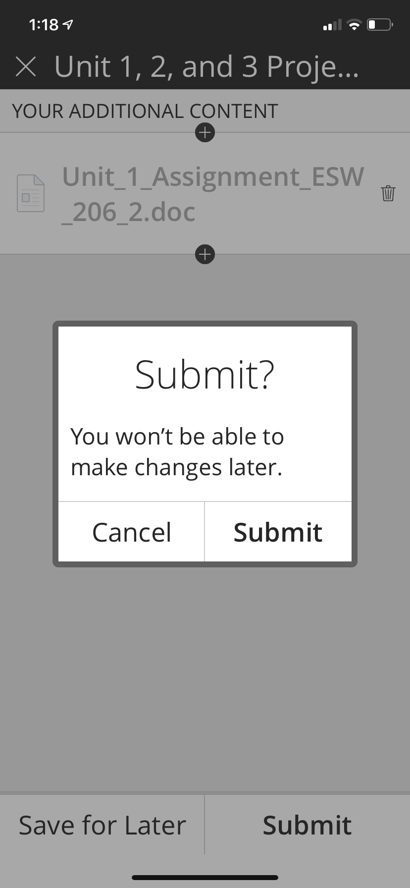 This screen allows you to Cancel or Submit.