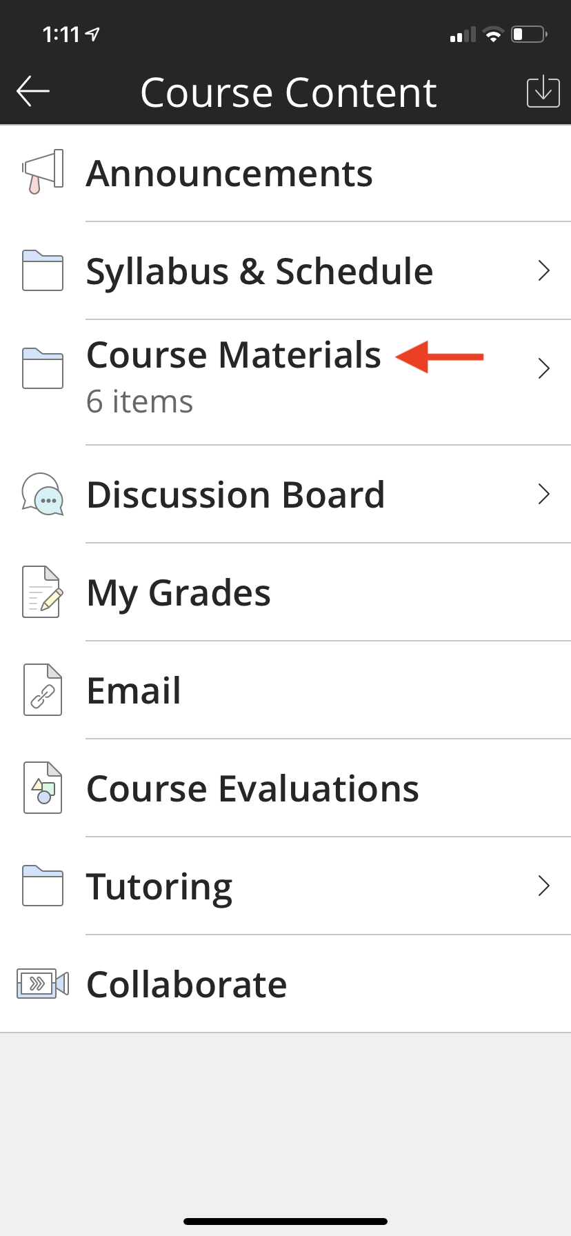 This is the course menu for the course selected highlighting the Course Materials link on the menu.