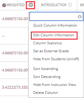 Weighted Total column with arrow highlighted and Edit Column information highlighted
