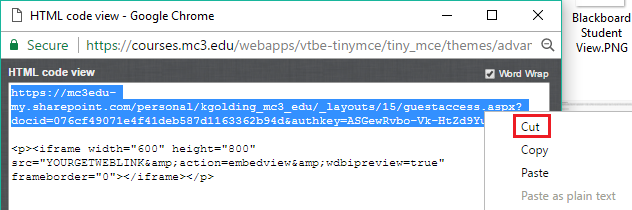Highlight and cut the Share link in the HTML box