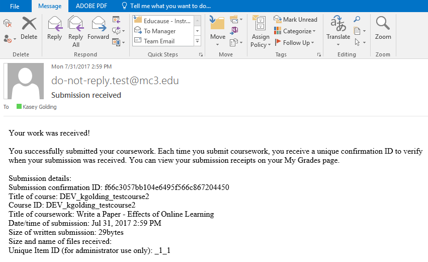 Submission Receipt email