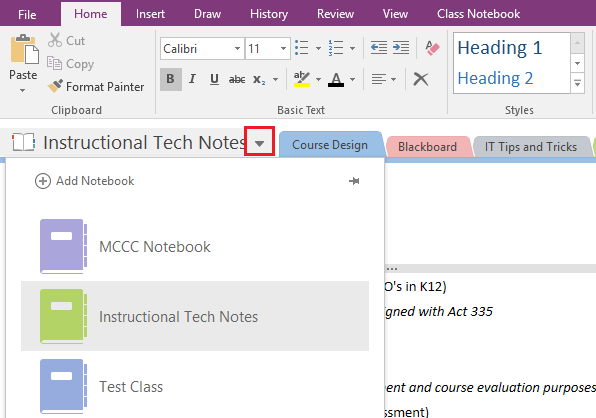 Click the arrow next to the notebook name. A drop down menu is visible.
