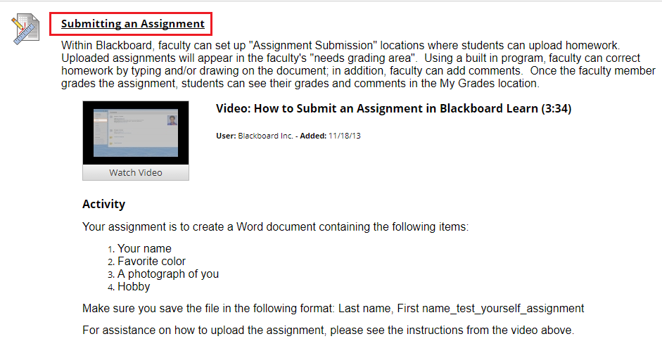 Click the assignment where the file should be uploaded