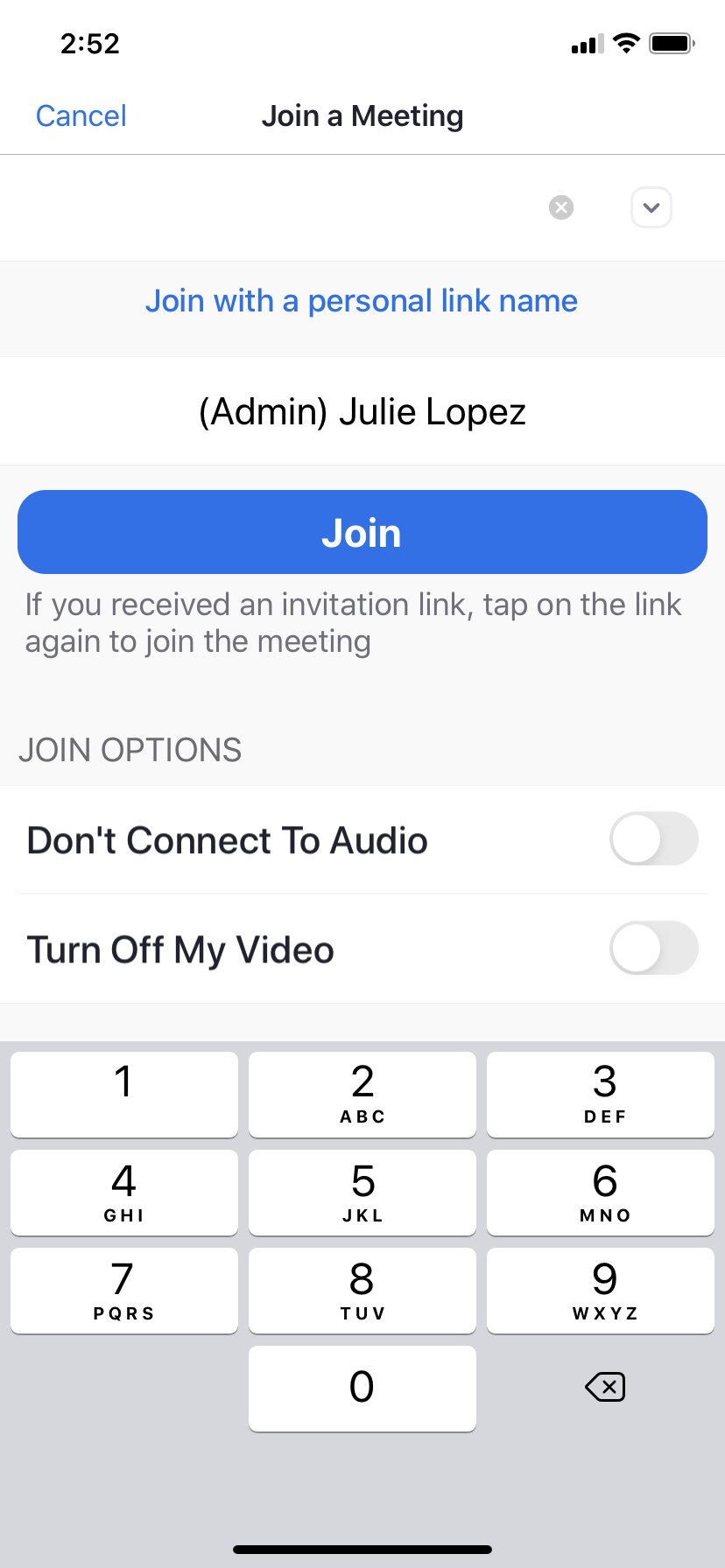 Meeting ID entry screen with Join button