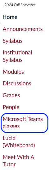 Canvas course menu with Microsoft Teams classroom circled.