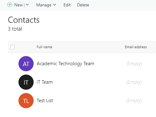 List of Contacts in Outlook Online