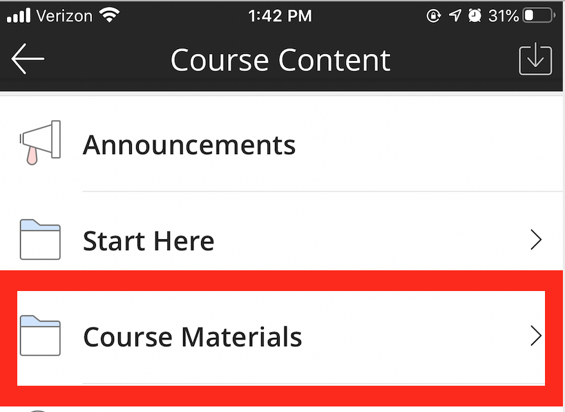 A Course's menu in Blackboard Student App