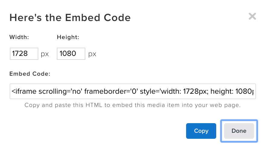Embed Code window