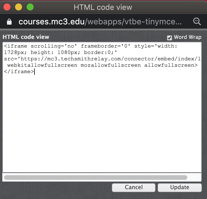 HTML window with embed code