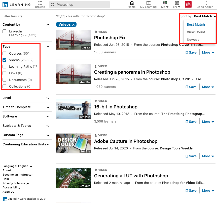 Search results highlighting how to filter the different types of resources