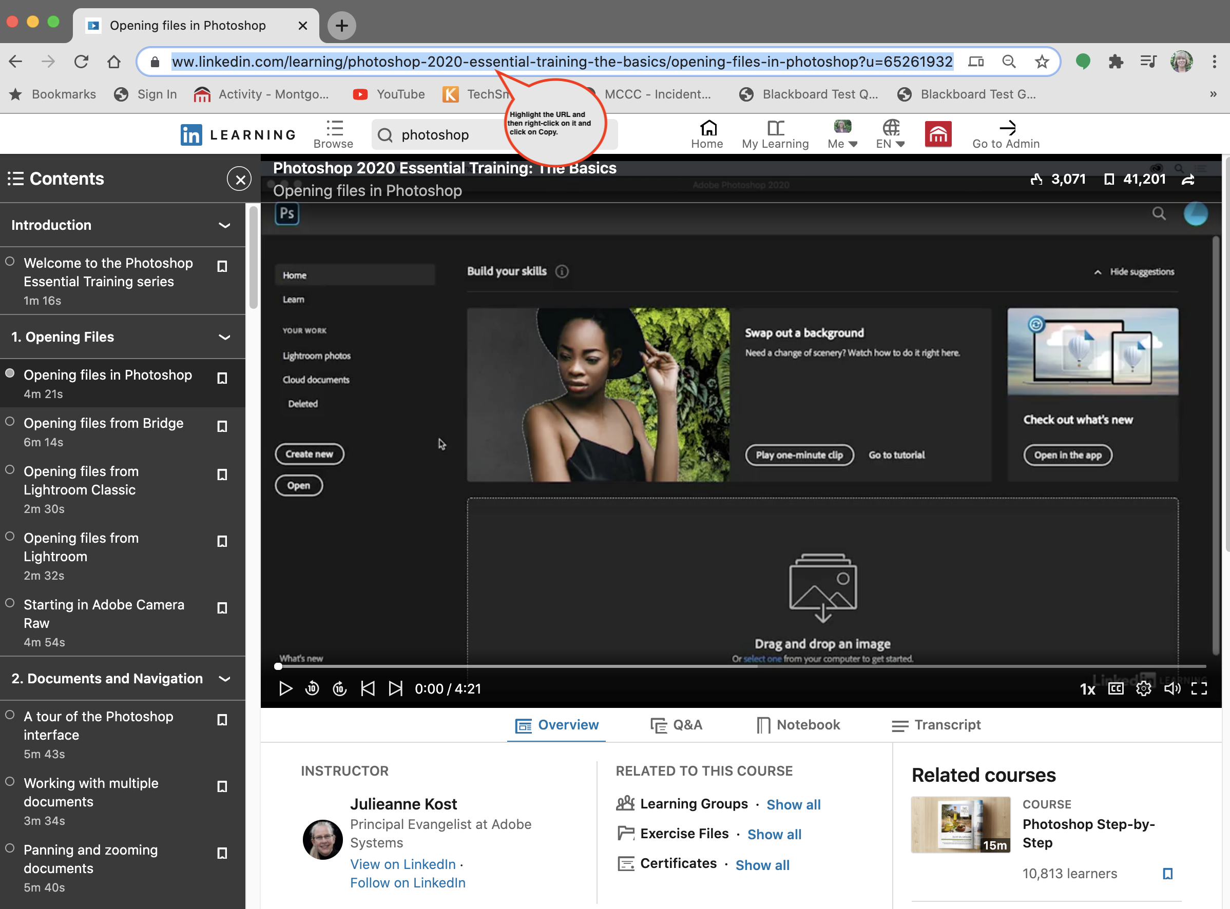 LinkedIn Learning video selection with the URL highlighted