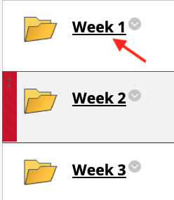 Content area with course folders and an arrow pointing at the Week 1 folder