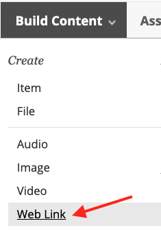 Build Content drop down menu showing Web link