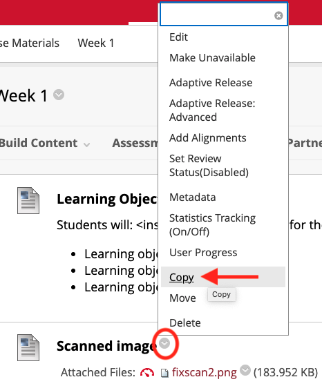 The image shows an example of where you click on the gray chevron to the right of the content item and also displays the menu with the Copy option highlighted