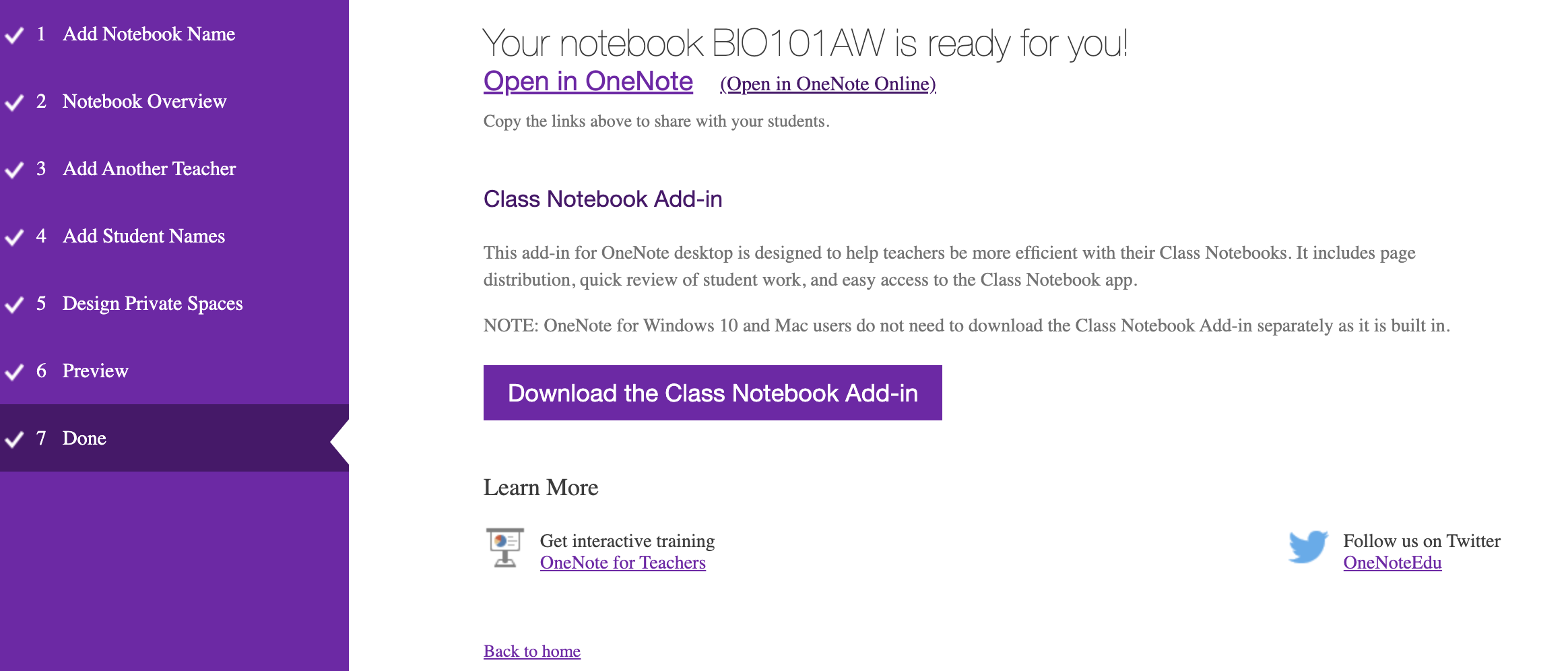 A confirmation screen "Your notebook is ready for you!" You have the option to download the class notebook add-in.