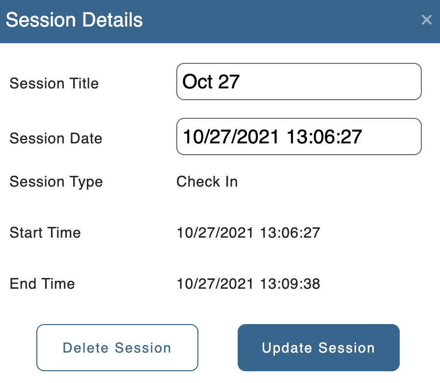 Session Details, Session Title, Session Date, Session Type, Start Time and End Time