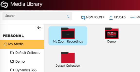 YuJa screenshot showing the My Zoom Recordings folder