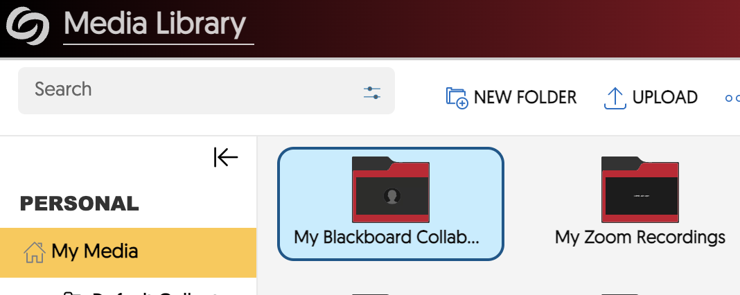 YuJa screenshot showing the My Blackboard Collaborate Recordings folder
