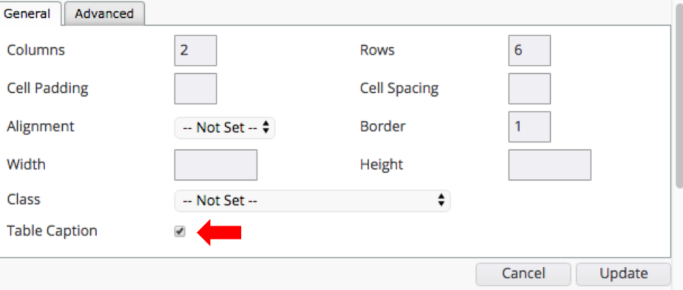 Table Caption checkbox - allows for a title at the top of the table