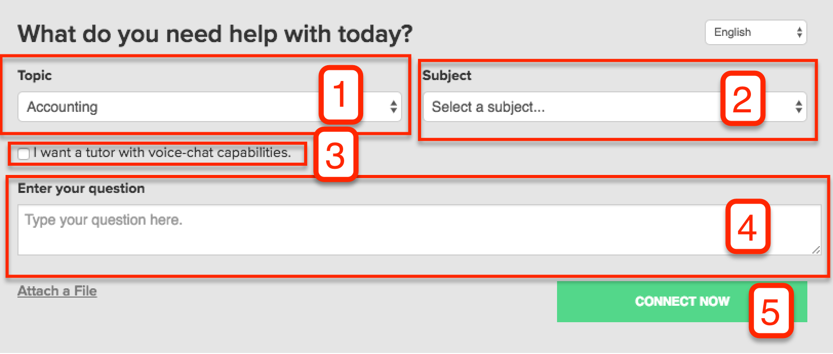 This is an image of the Connect Now screen, which requires you to select a topic and subject from a drop down, check off if you want a tutor with voice-chat capabilities, a place to enter your question and attach a file, and lastly the Connect Now submit button. Each of these areas all called out in a red box around them and numbered 1-5. Step One is choose your topic, step two is choose your subject, step three is deciding to check off for voice-chat with the tutor, step four is asking your question and attaching a file if applicable, and step five is clicking Connect Now.