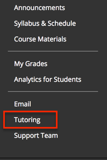 This is an image of a Blackboard course menu with the Tutoring link being called out by a red box around it. 