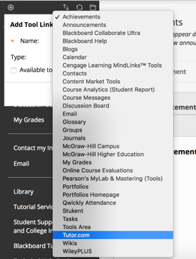 This is an image of the Tool Link pop up box and the Type drop down with Tutor.com highlighted by a blue line. 