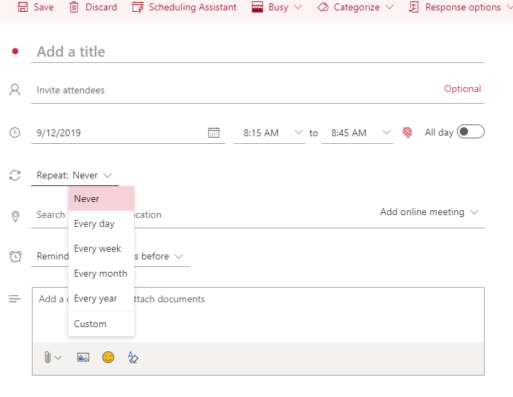 Setting up Recurring Events Outlook Online