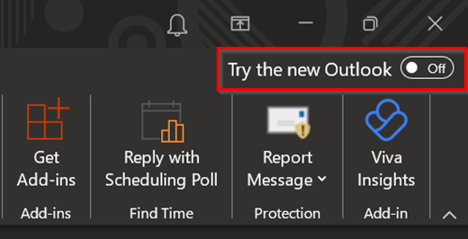 Top right of the Outlook app with the try the new outlook toggle set to off
