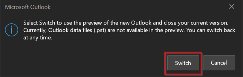 Switch to preview new Outlook dialog box
