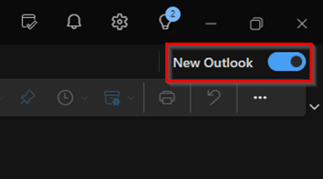 Top right of the Outlook app with the new outlook toggle set to on