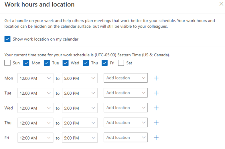 Work hours and locations settings