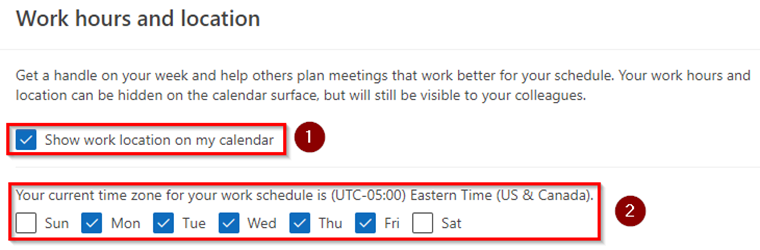 Show location on calendar and work day selection section