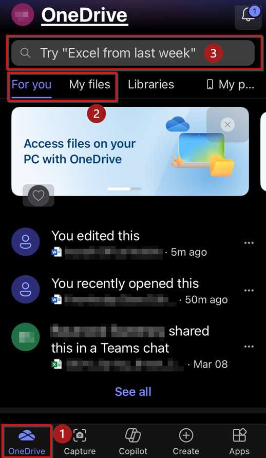 OneDrive tab on iOS