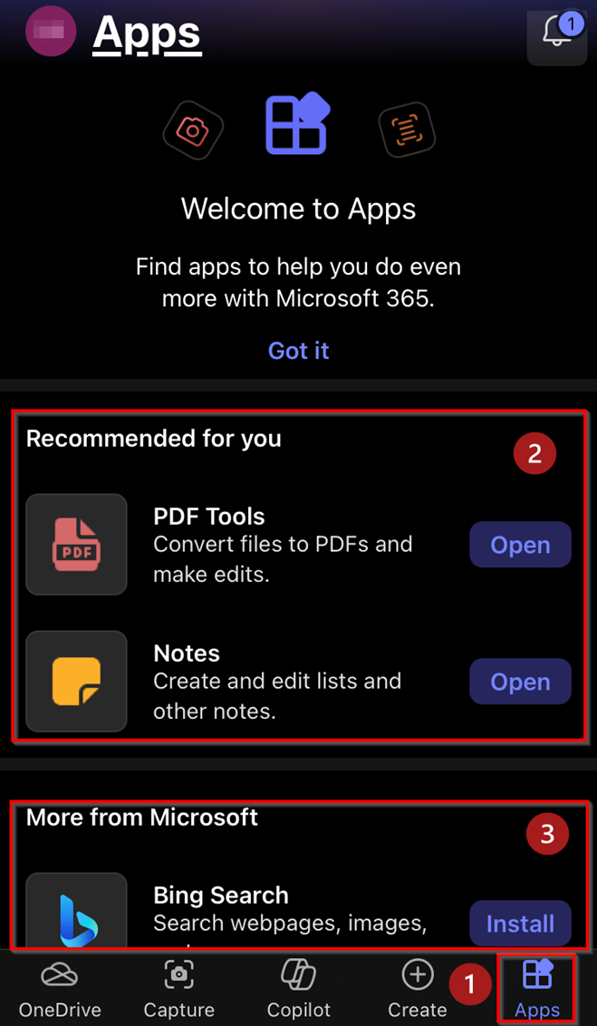 Apps tab on iOS