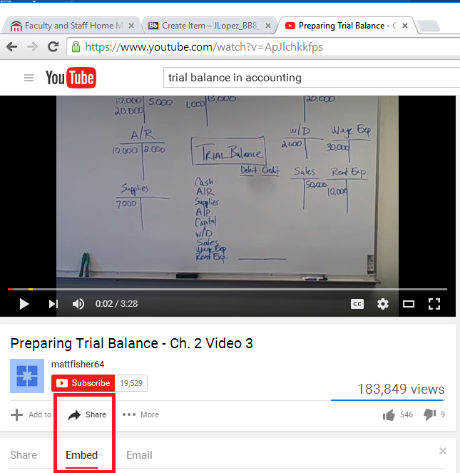 This image shows where to click on the Share then Embed option for a YouTube Video.