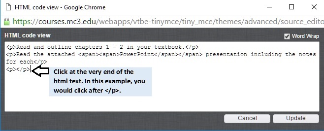 This is an image of the HTML window and shows where to click to add the embed code of the YouTube video.