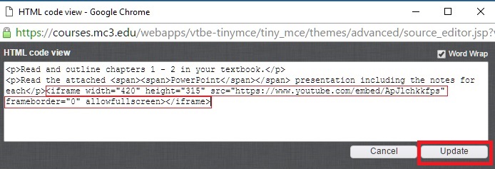 This is an image of the html window that contains the YouTube video embed code.