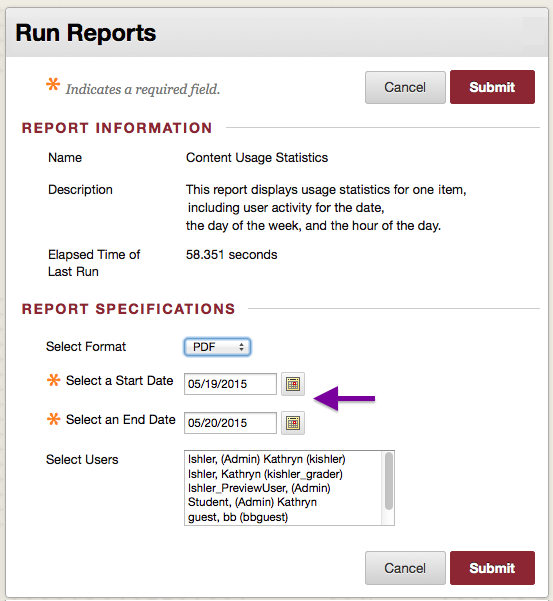 This is an image of the course reports option. The Instructor must select a date range and click submit.