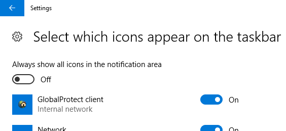 Screenshot Select which icons appear on the taskbar, turn on for GlobalProtect